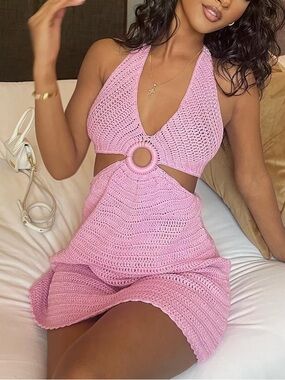 NWT Beginning Boutique Love Sick Pink Crochet Halter Mini Dress